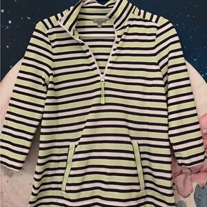 T by Talbots lime green, white, and black striped quarter sleeve half zip